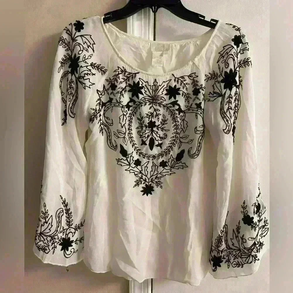 Soft Surroundings White Embroidered Beaded Sheer Blouse Small
